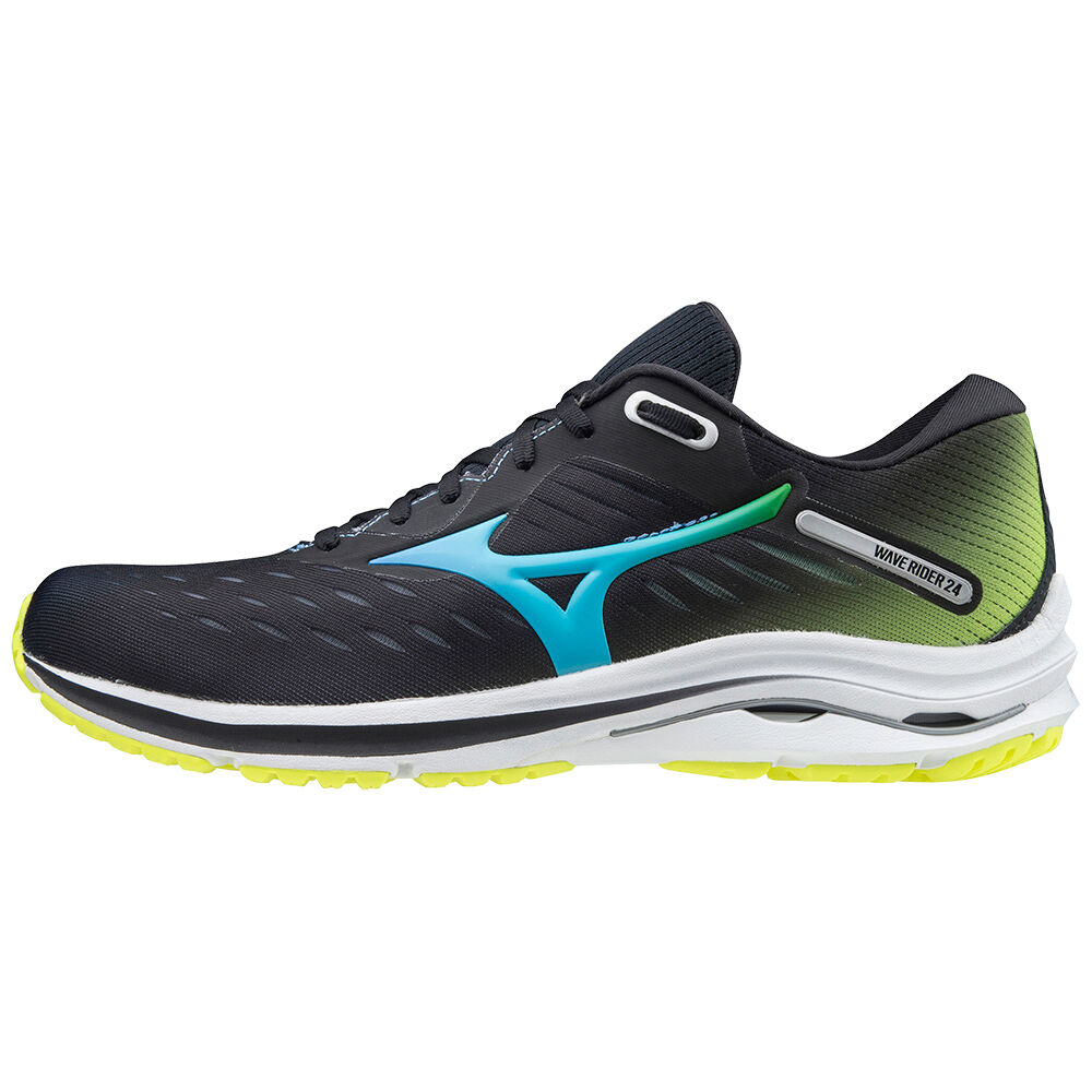 Zapatillas Running Mizuno Wave Rider 24 Hombre Negras/Azules Turquesa/Amarillo Outlet VRAN-50147